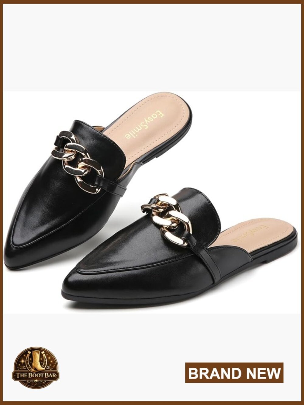 Pointed Toe Flat Mules with Metal Chain Decor Slip On Loafers Backless Shoes